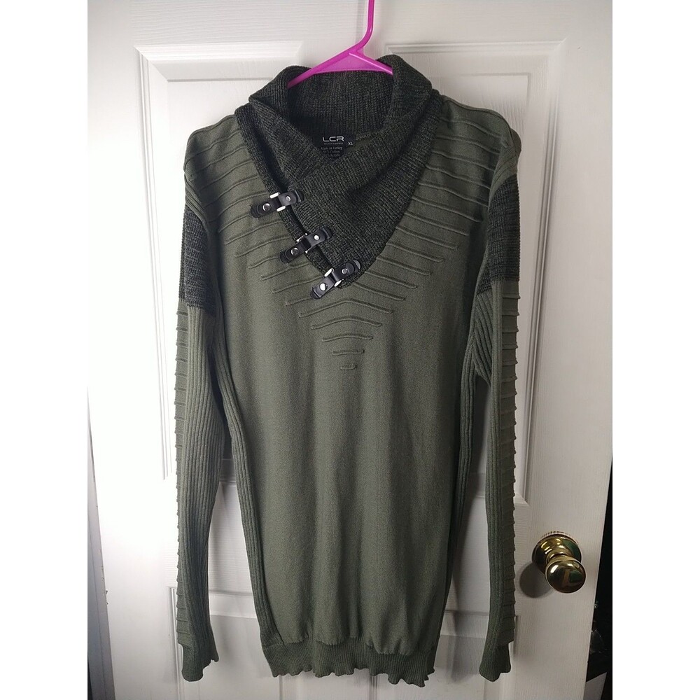 LCR Men's XL Black Edition Olive Green Shawl Color Leather Snap Accent Sweater